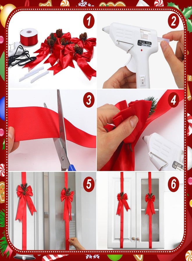 Daifunli 16 Pcs Christmas Cabinet Ribbon Bows with Pine Cone Decor DIY Large Red Cabinet Bows with 30 Yard Ribbon Xmas Decoration for DIY Christmas Tree Door Home Holiday Home Kitchen Gifts Supplies - Image 5